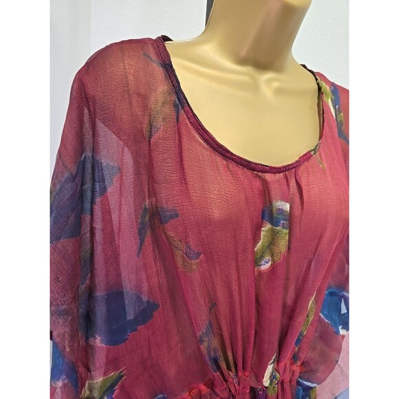 Red Multicolor Tassel Tie Sheer Blouse Top OS Boho Floral Oversized Fairy Grunge - Picture 2 of 7